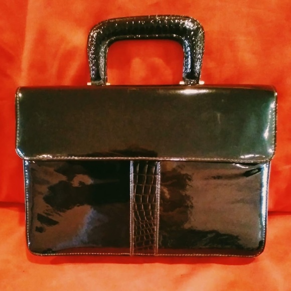 Black Faux Patent Leather Top Handle Vintage Briefcase Style Bag - Picture 1 of 11